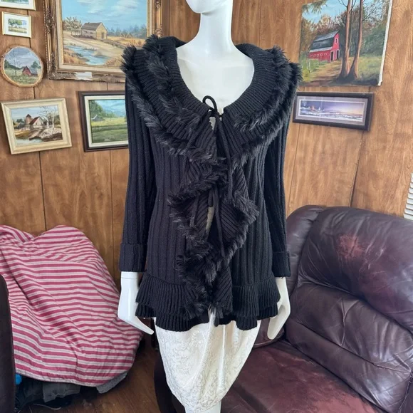 Unique Boho Black Ruffled Cardigan Sweater - Picture 2 of 4